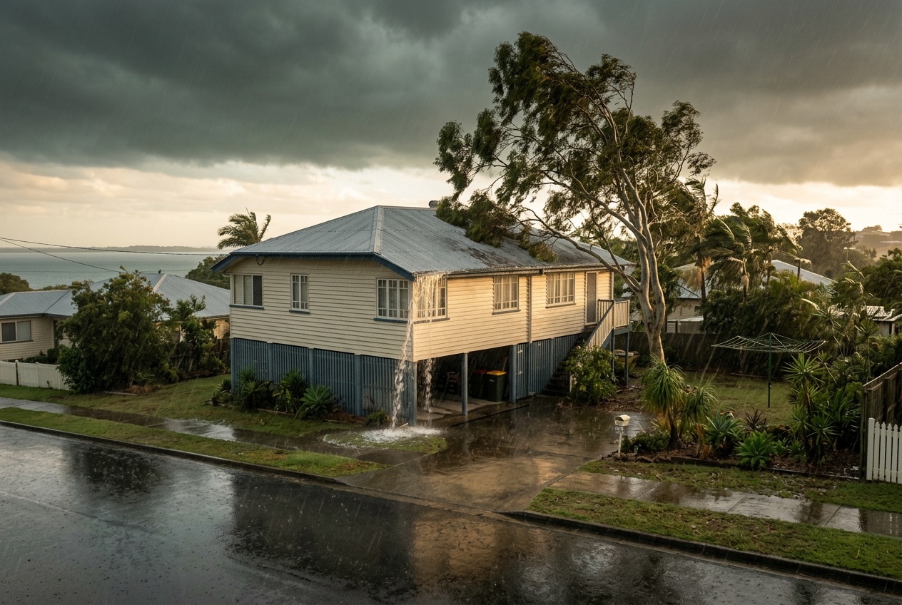 A highset Bayside house under a dark storm sky, gutters overflowing, a gum bending toward the roof