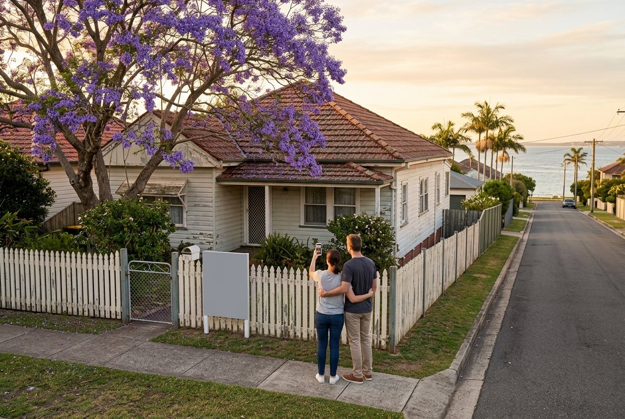 A couple on the footpath outside an old Bayside cottage with a For Sale board, phone out, checking the block