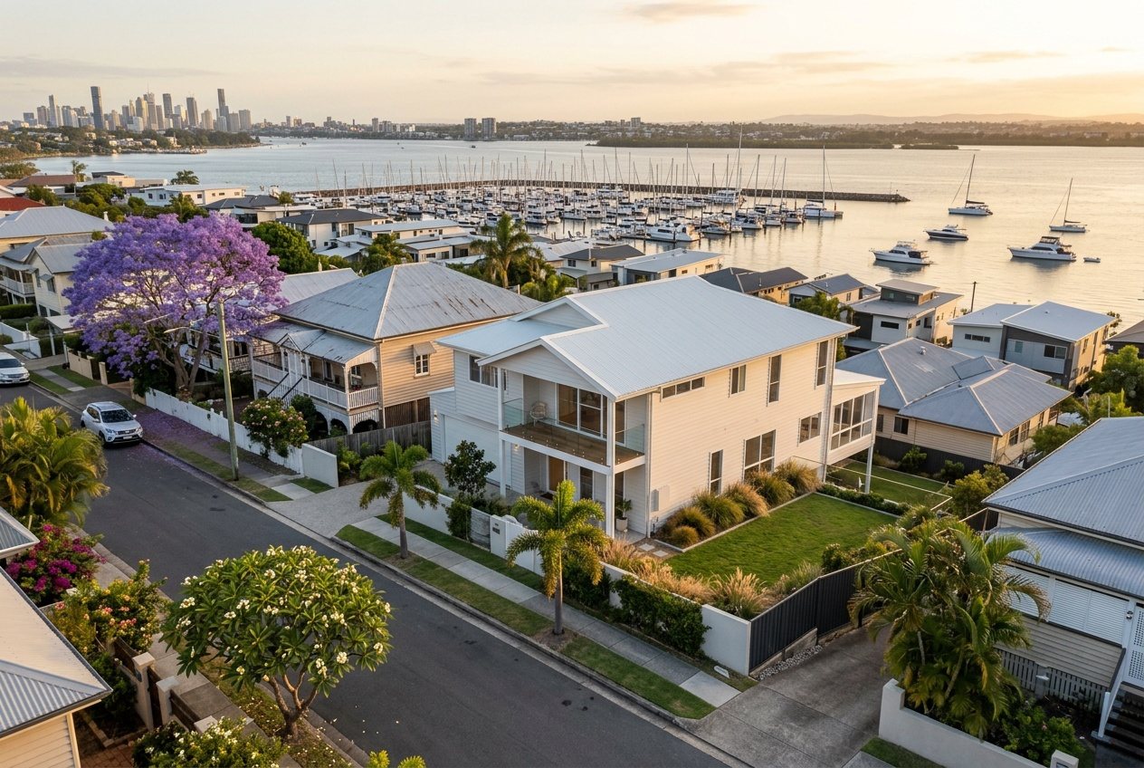 A new two-storey home on a steep Manly street, the upper floor looking over the roofs toward the boat harbour