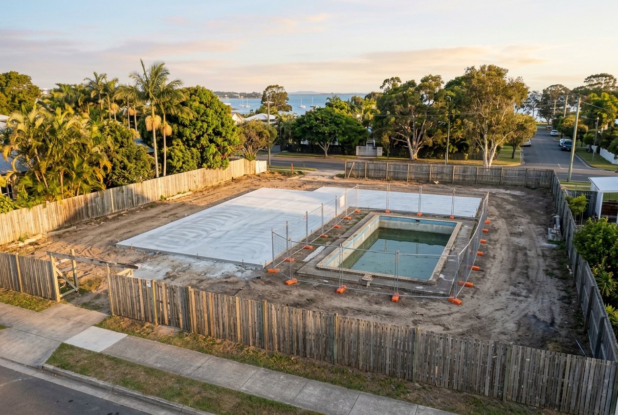 A cleared block with the old pool fenced off and kept, the new slab poured beside it, the front fence still standing