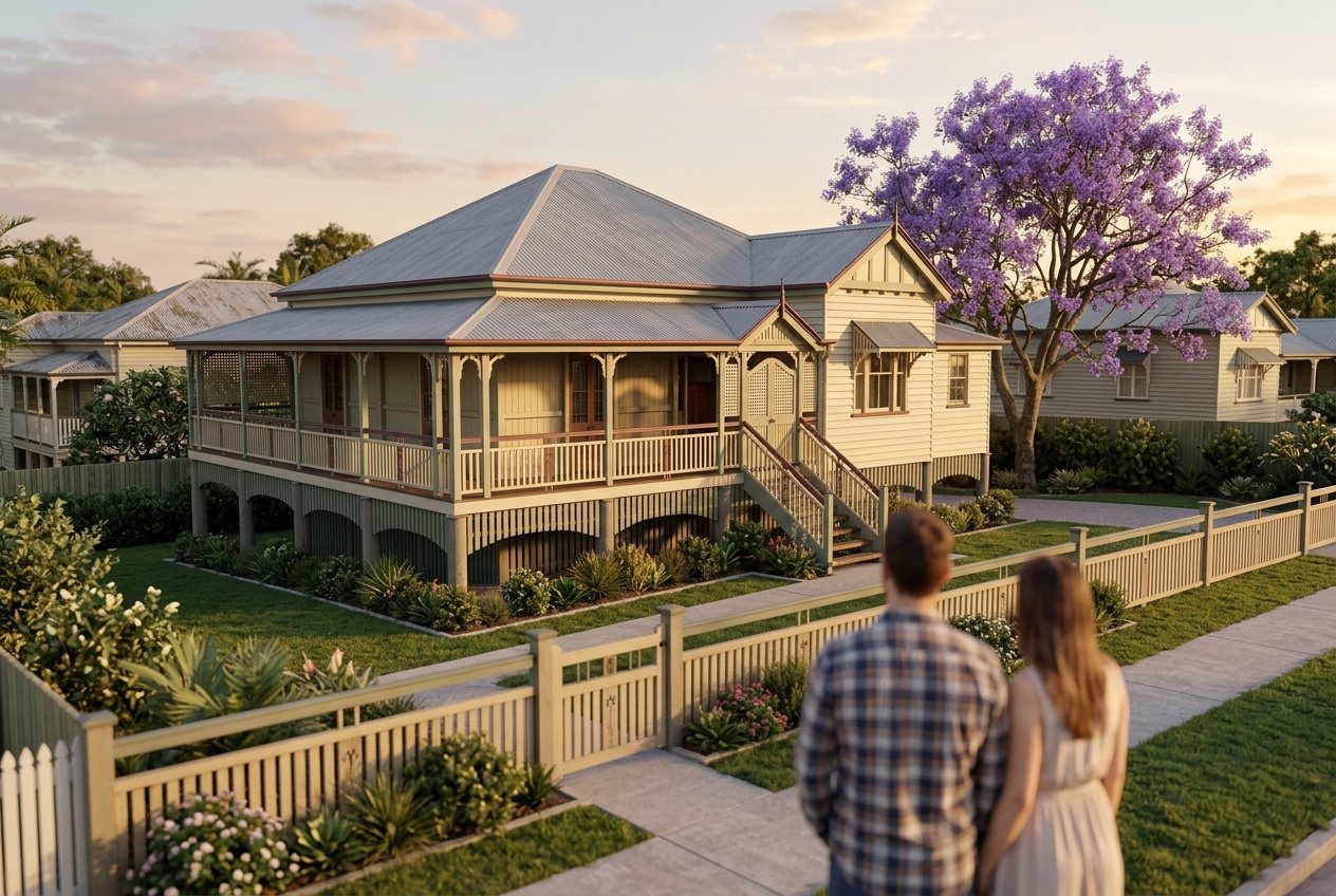 A couple on the footpath looking at a pre-war Queenslander