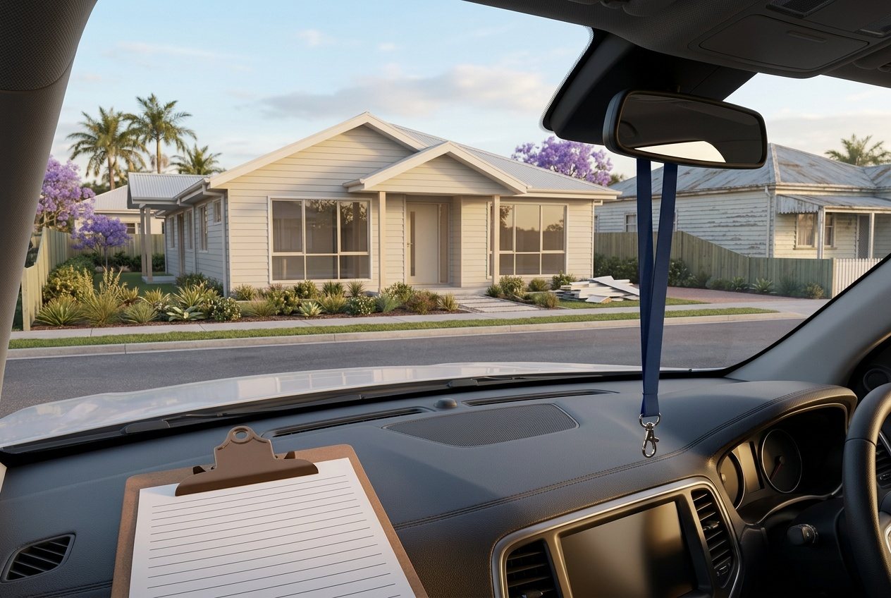 A house at lock-up stage seen through a car windscreen, a valuer's clipboard on the passenger seat