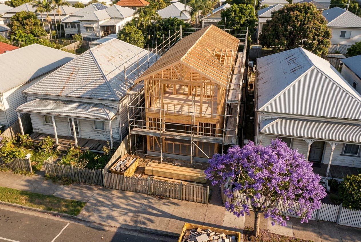 A narrow two-storey home going up between two old Bayside cottages, the frame tight to the boundaries