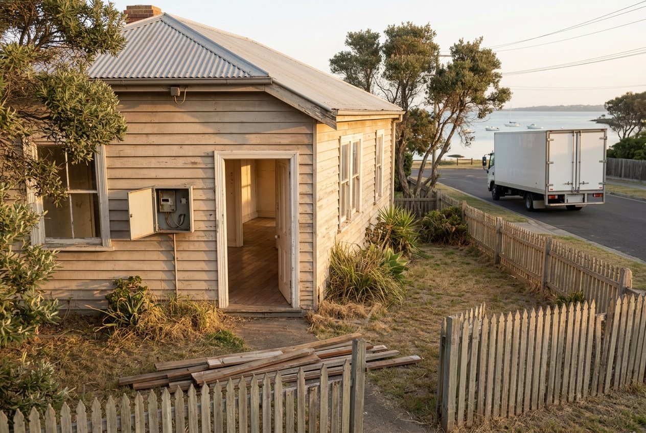 An emptied Bayside house with the power meter box open and tagged, a removals truck pulling away