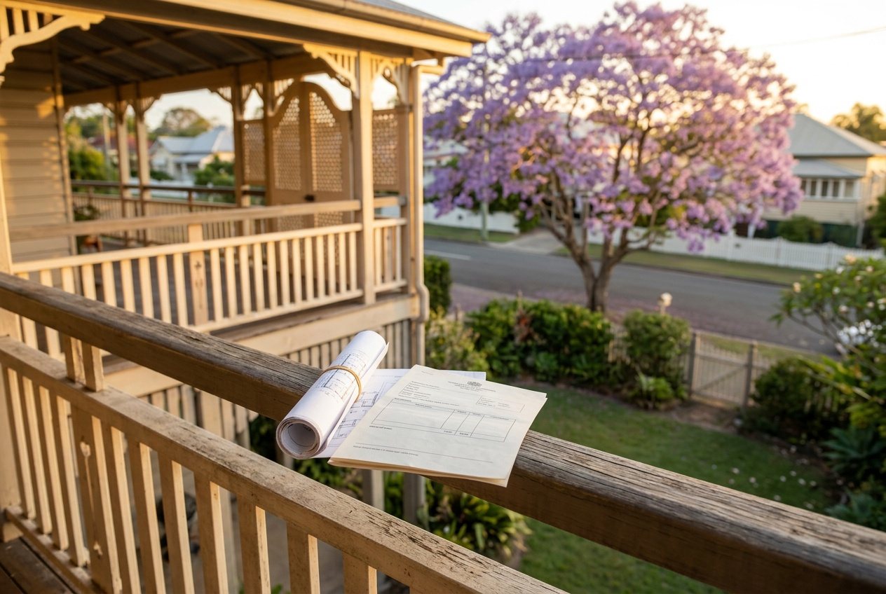 A rolled set of house plans and a council notice on the verandah rail of an old Queenslander