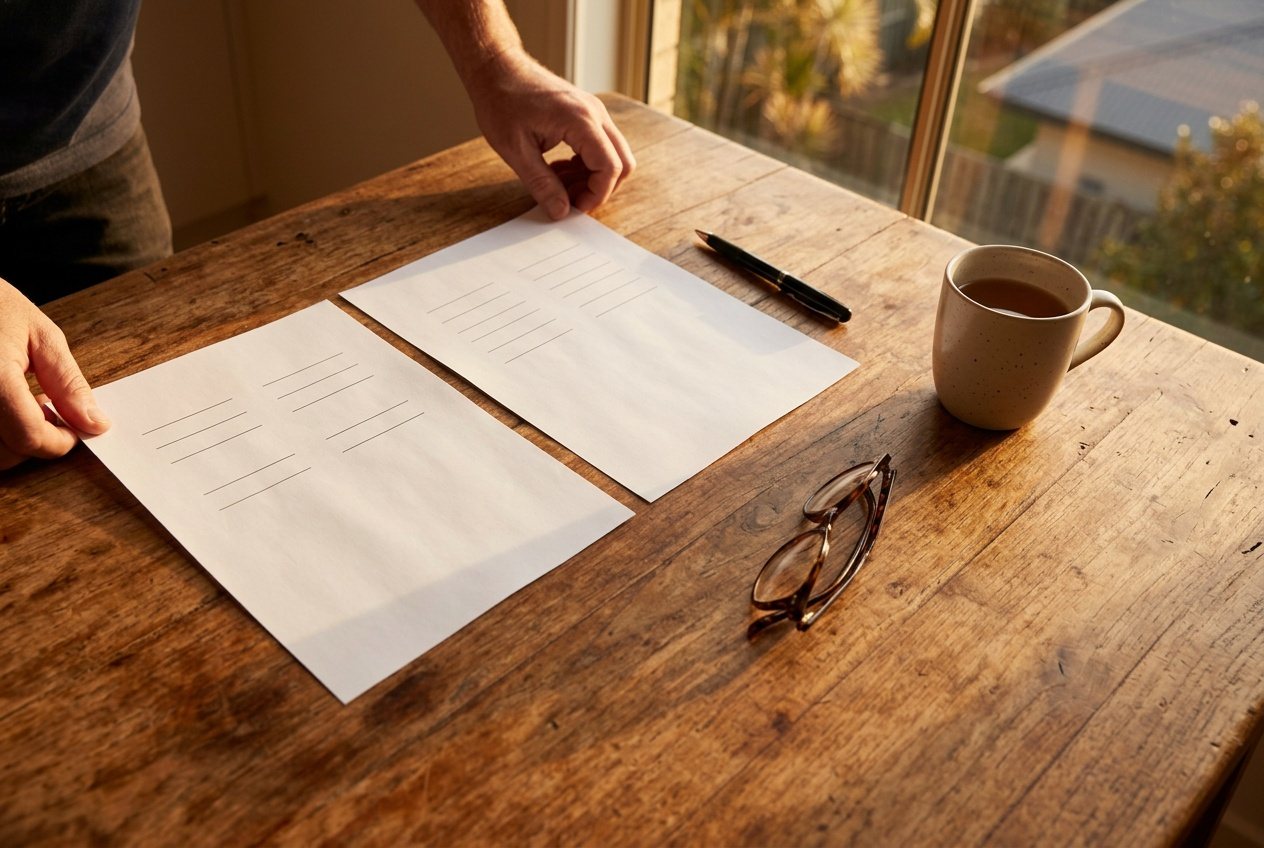 Two building contracts side by side on a kitchen table, a pen resting on one