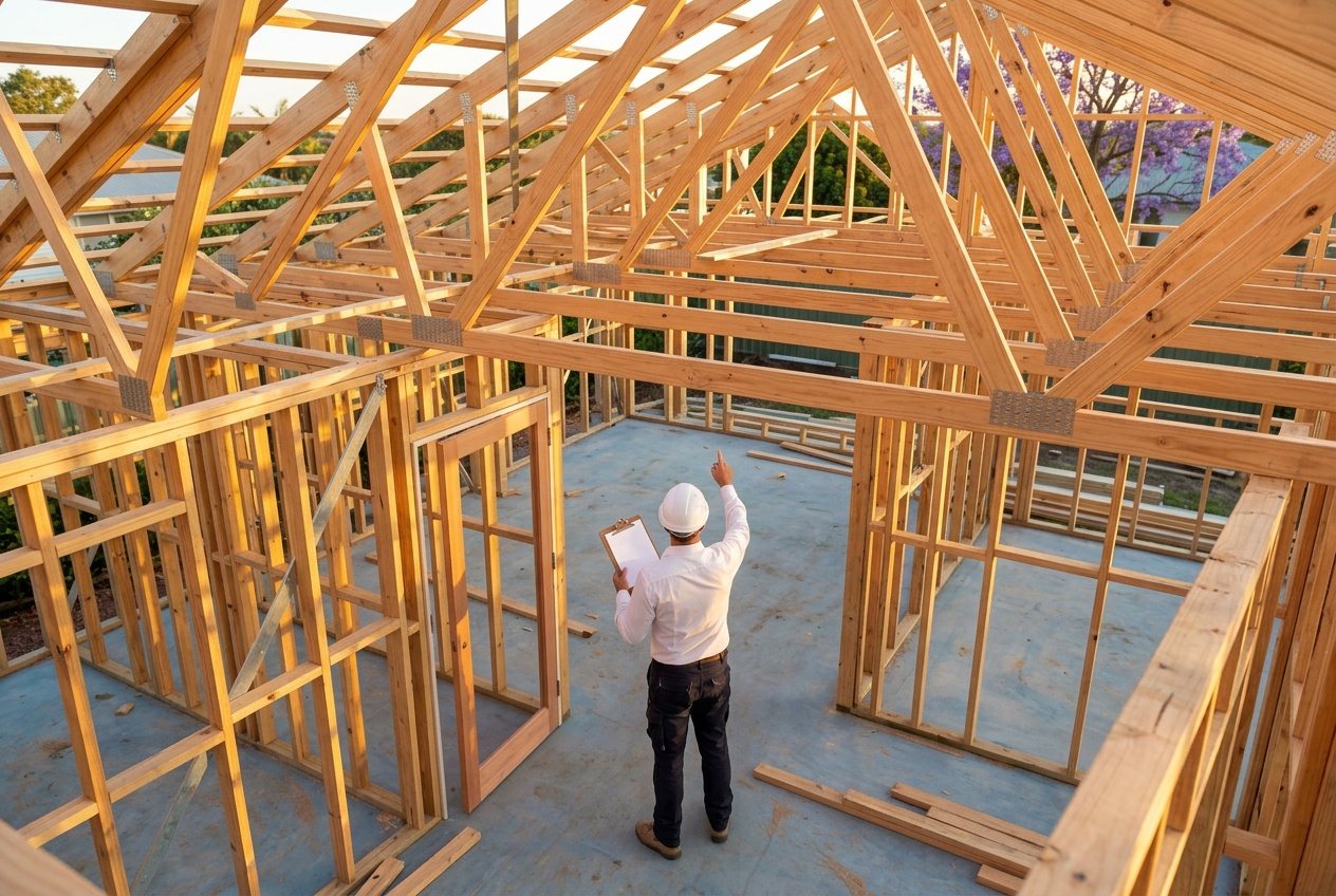 A certifier in a white shirt and hard hat seen from behind, checking a timber frame with a clipboard, the roof trusses above