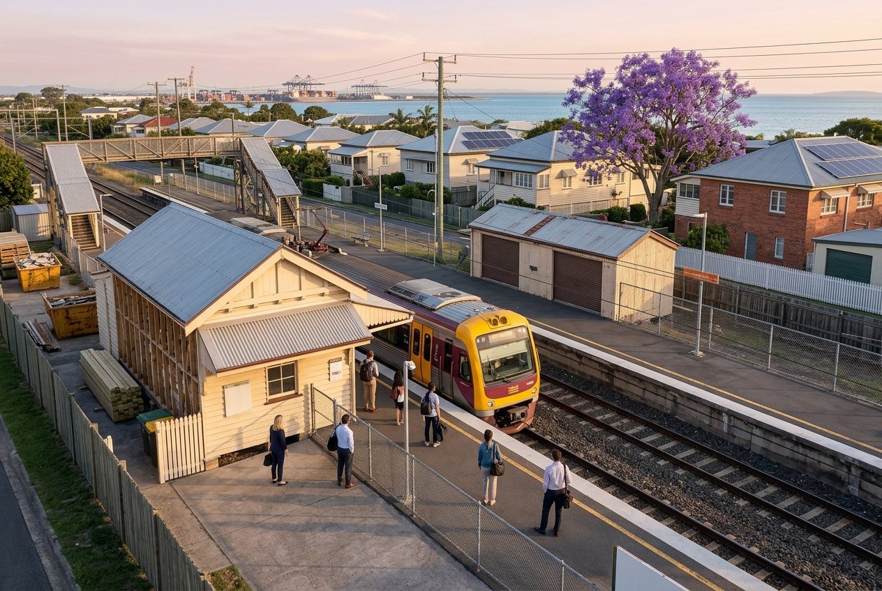 A train pulling into a small Bayside station, commuters on the platform, the bay between the houses