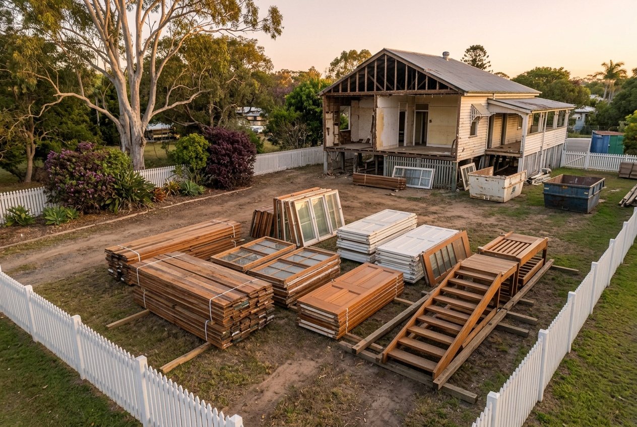 Salvaged hardwood boards, old casement windows and a set of timber stairs stacked neatly on a cleared block