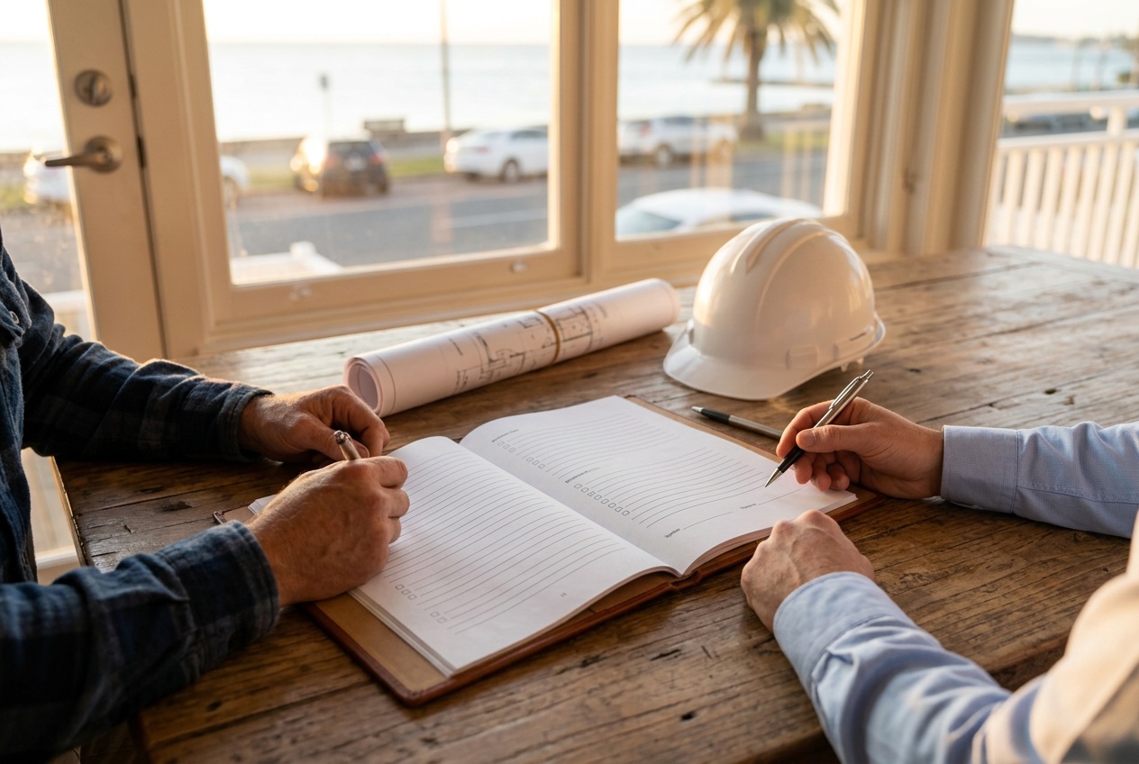 A family's hands and a builder's hands over a building contract on a kitchen table, a house plan rolled beside it