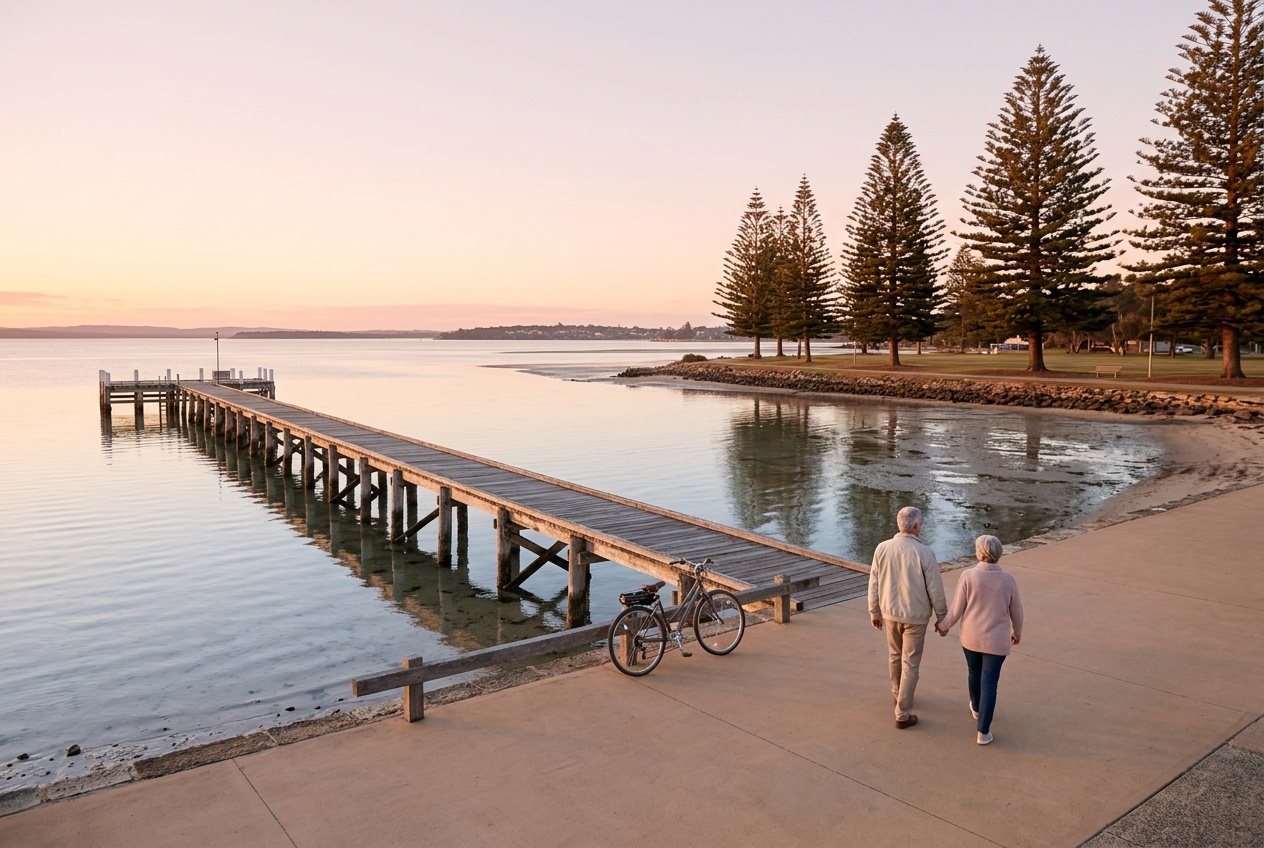 An older couple seen from behind on the Wynnum esplanade path at dawn, the jetty and the flat bay ahead, a bike leaning on the rail