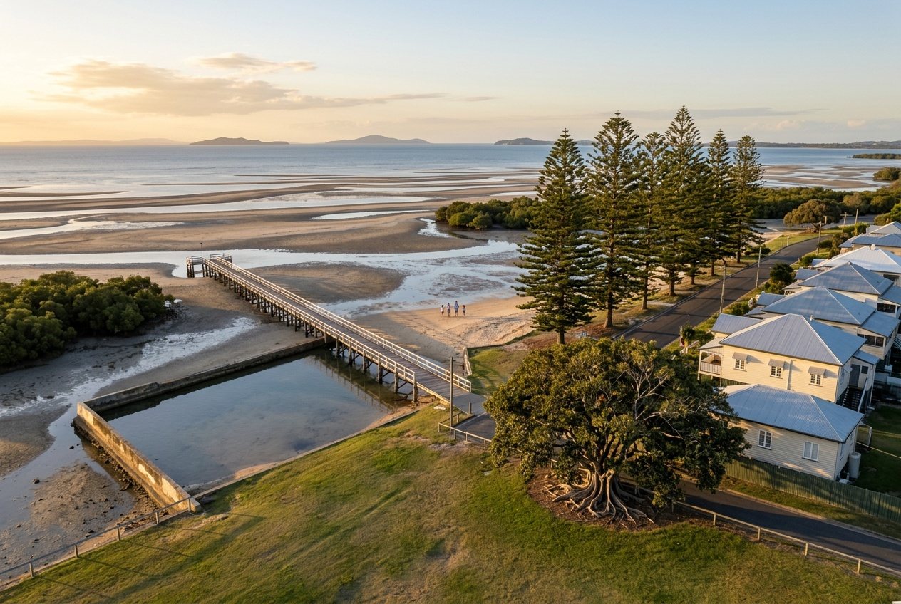 The Wynnum foreshore: the jetty, the wading pool, the pines and the old highsets