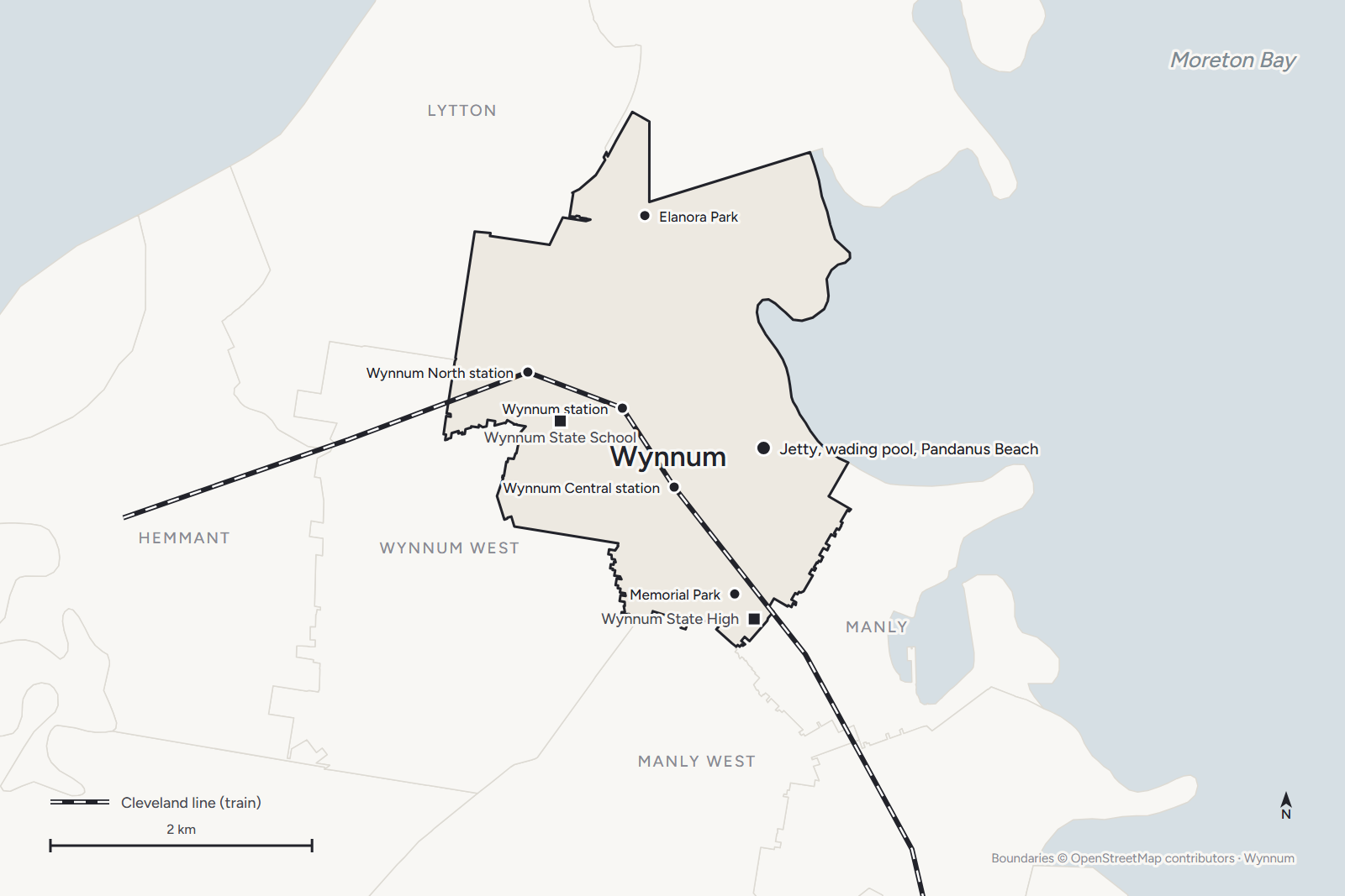 Map of Wynnum with its three stations, the wading pool and jetty, the schools and the parks
