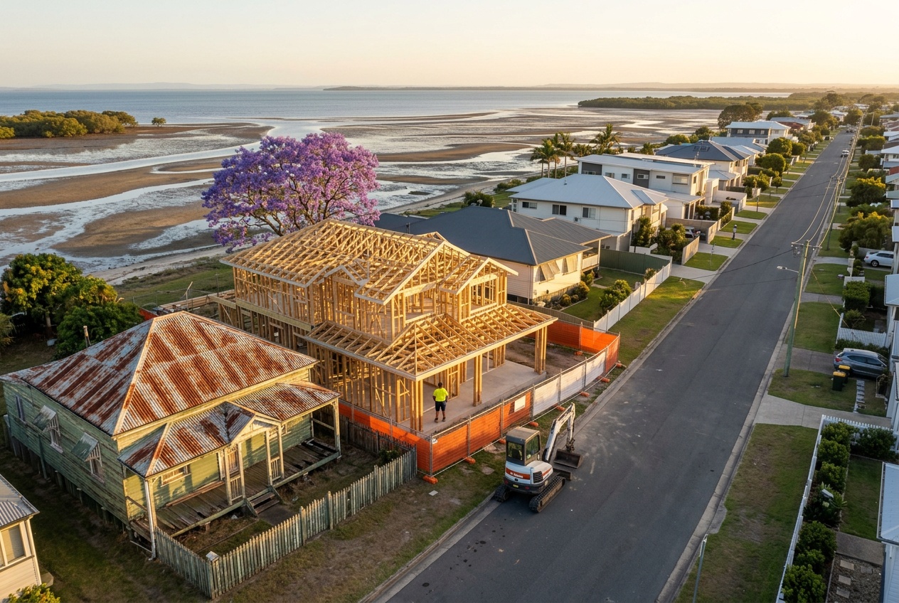 A flat Bayside street running down to the water, an old timber house on one block and a new house going up on the next