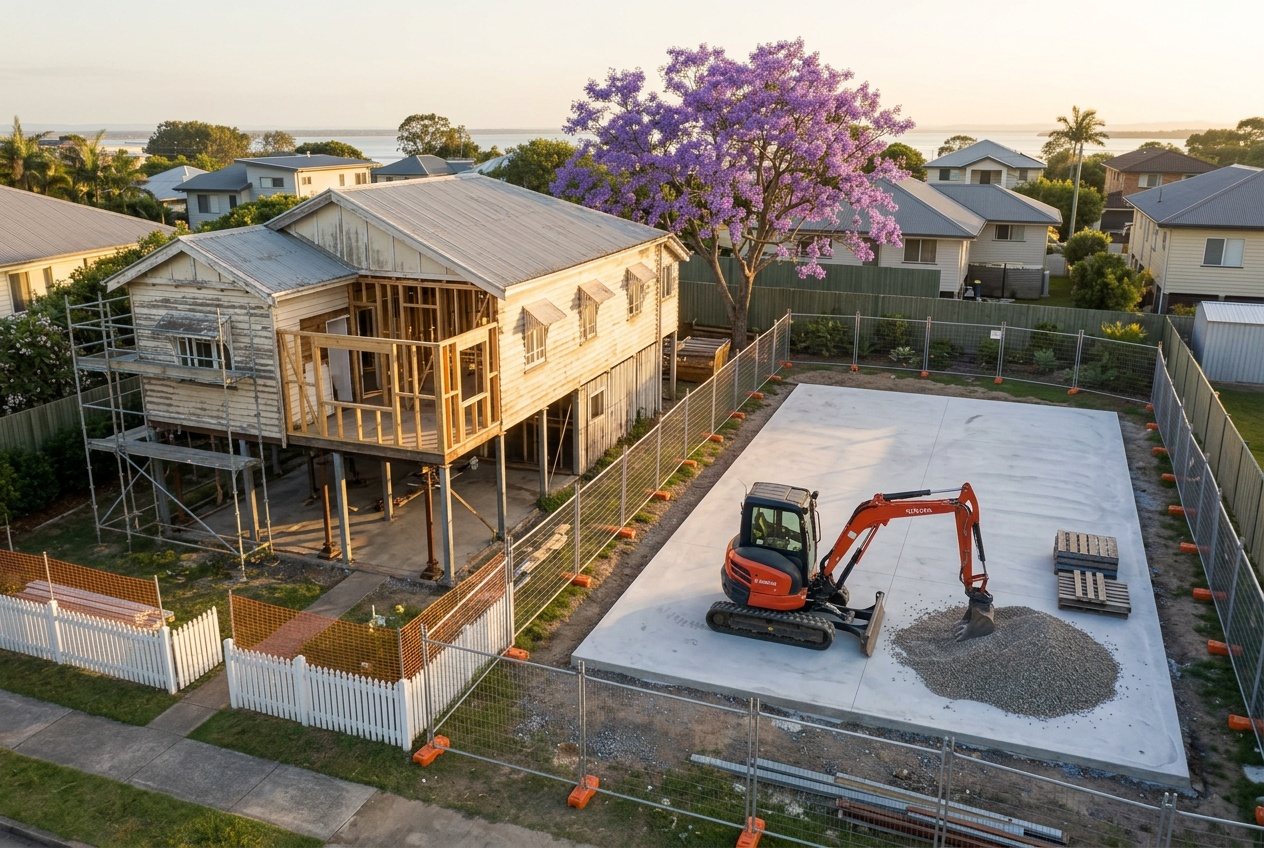 Two Bayside houses side by side: one lifted and being renovated, one cleared to the slab for a rebuild