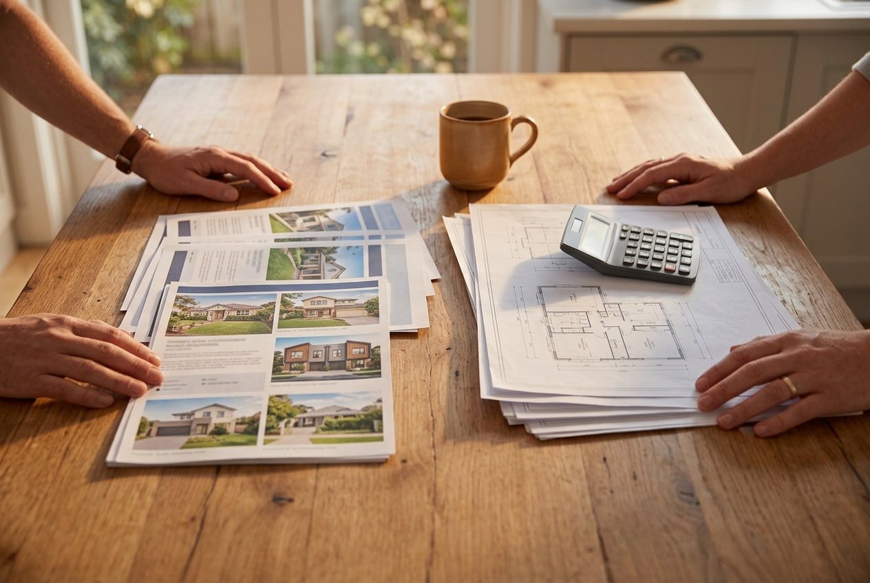A family at the kitchen table with two piles of paper: a real estate listing on one side, house plans on the other