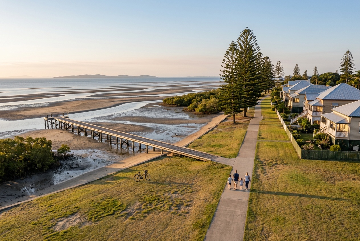 The Wynnum foreshore at low tide with a timber jetty, Norfolk pines and a row of old timber houses facing the bay