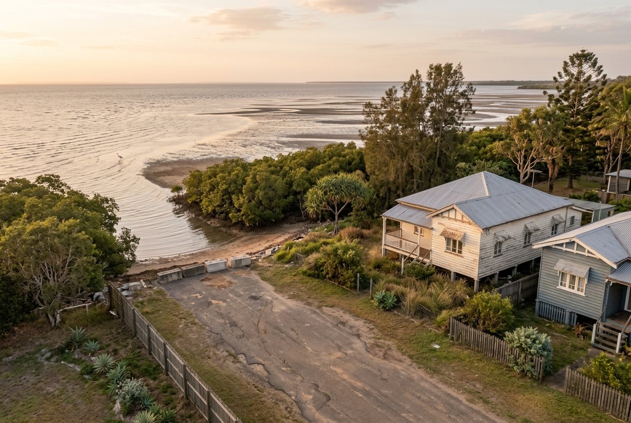 A quiet Lota foreshore street: mangroves, the creek mouth, two old highsets and a heron