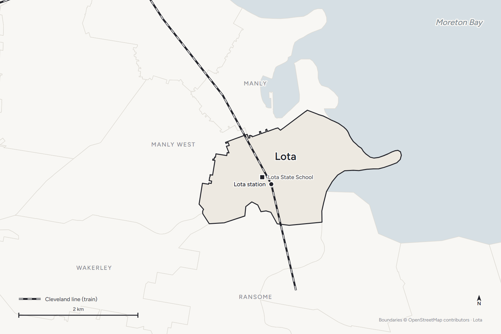 Map of Lota with its station, its school and Lota Creek