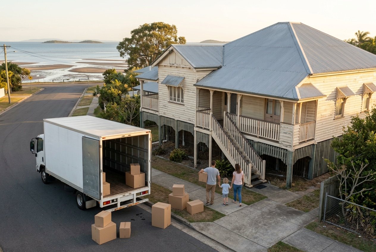 A removals truck unloading outside an old highset on a Bayside street, boxes on the footpath, the bay at the end of the road