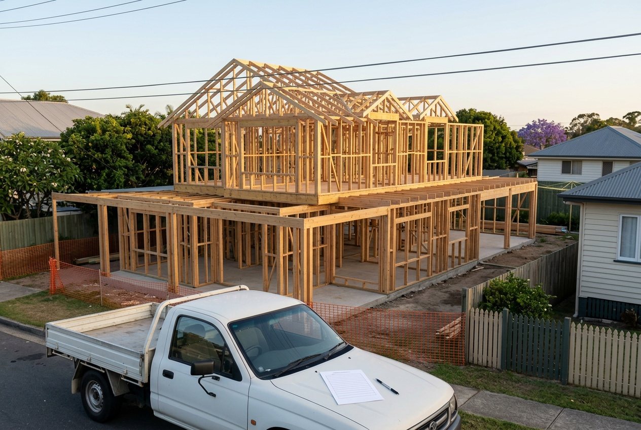 A new house at frame stage, seen from the street, with a payment claim and a pen on the bonnet of a ute in the foreground