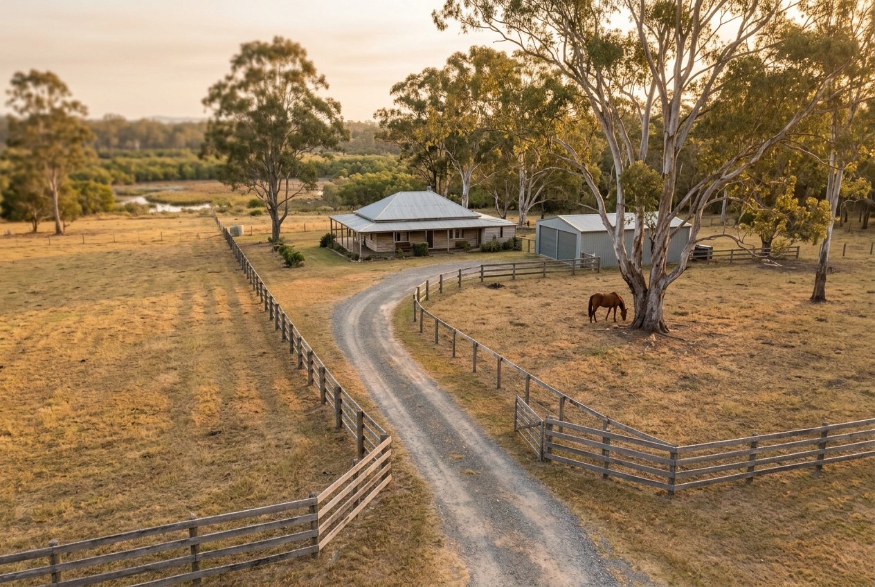 An acreage block: a long gravel drive, post-and-rail fences, big gums, a horse, the house set well back