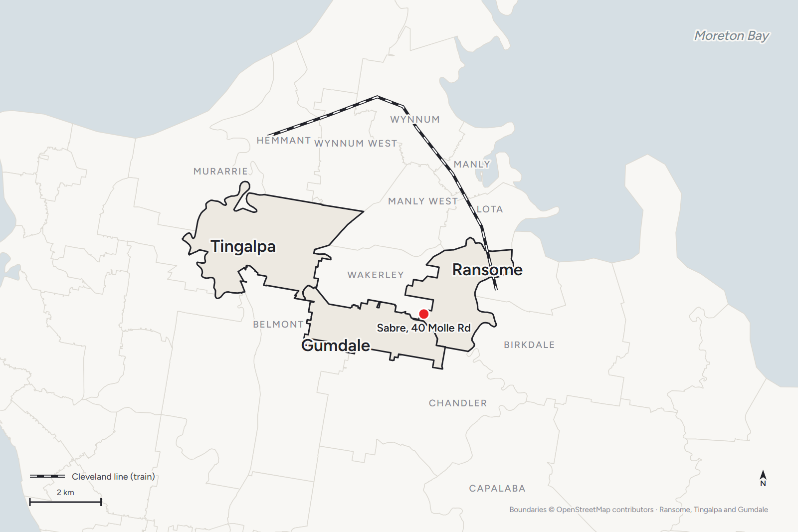 Map of Ransome, Tingalpa and Gumdale with Sabre's base at 40 Molle Road marked