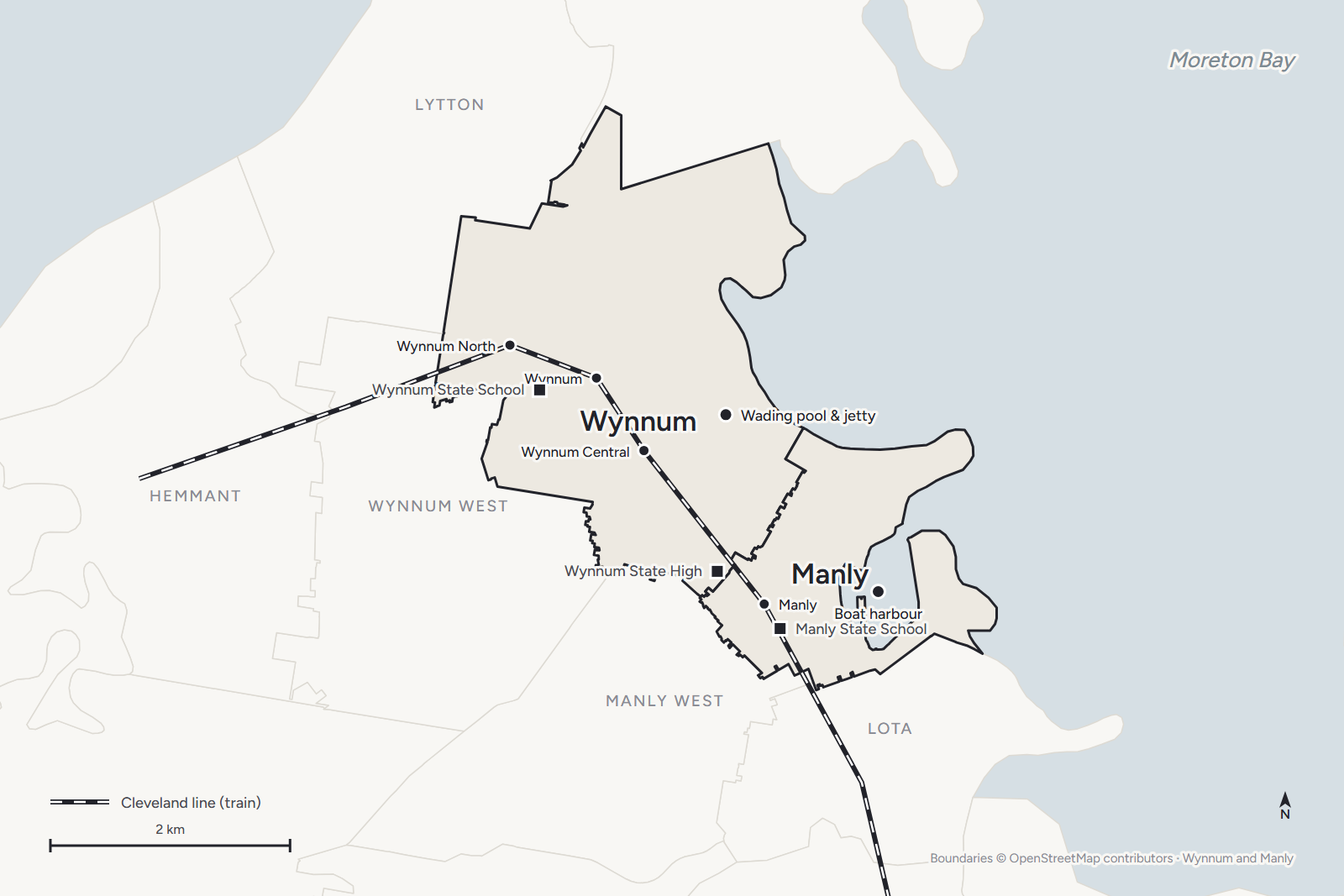 Map of Wynnum and Manly with the stations, the schools and the foreshore