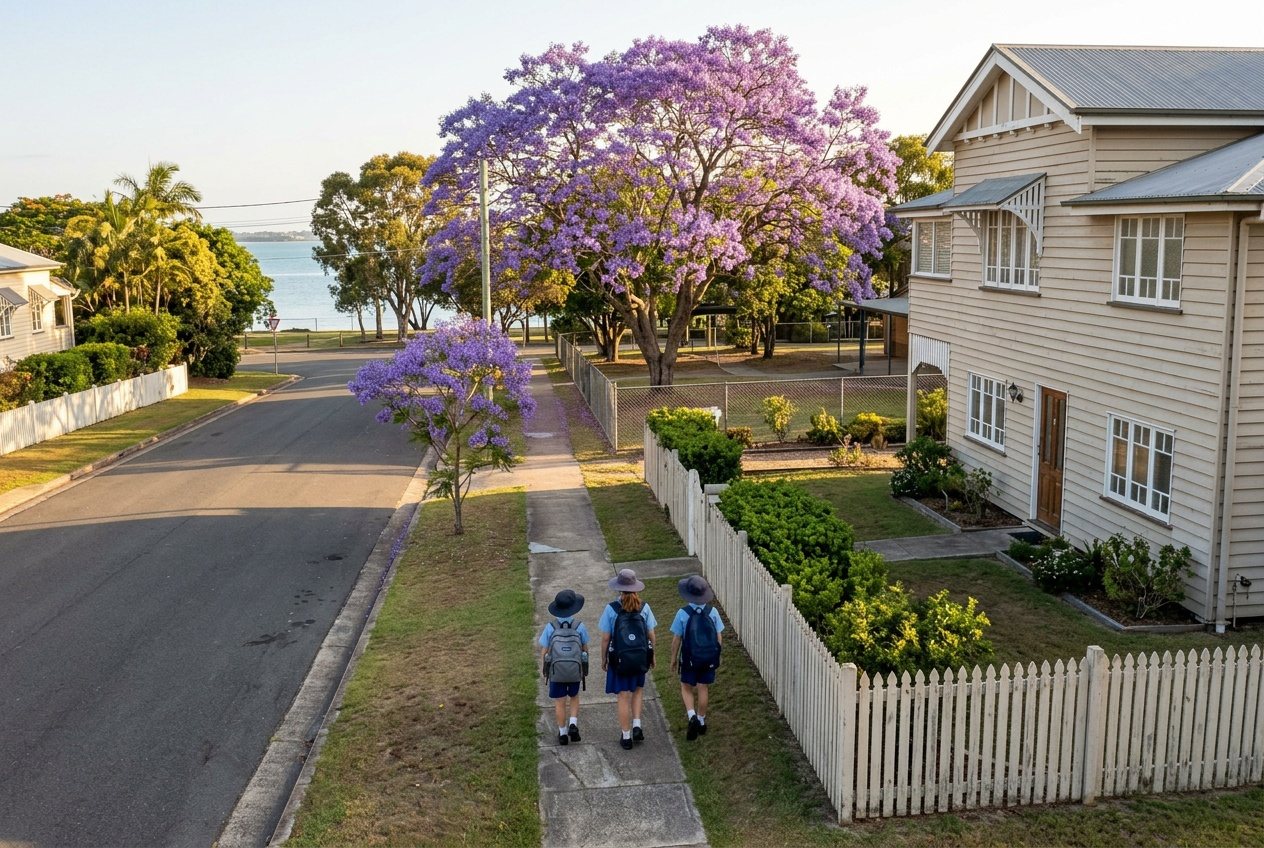 Three children in school hats walking a Bayside footpath toward the school gate