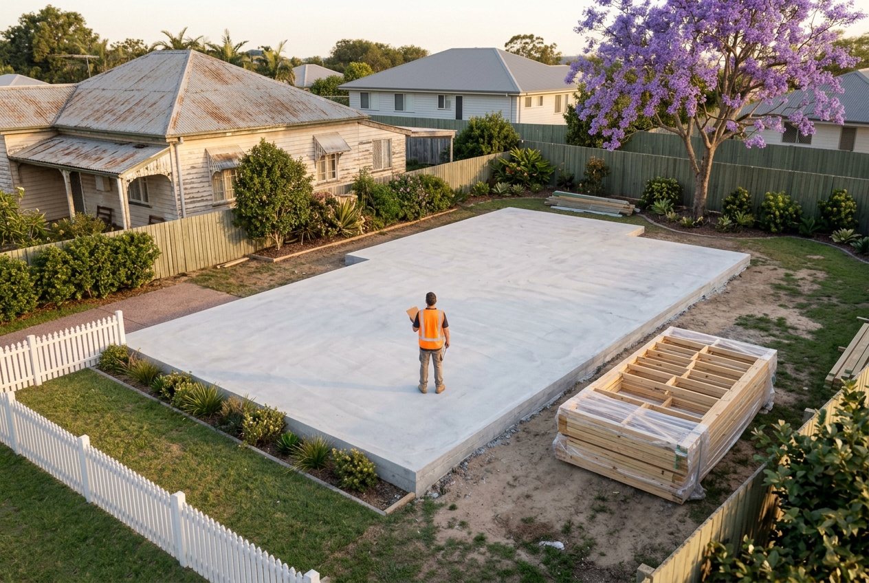 A homeowner in a hi-vis vest seen from behind, standing alone on a slab with a clipboard, a delivery of frames beside them
