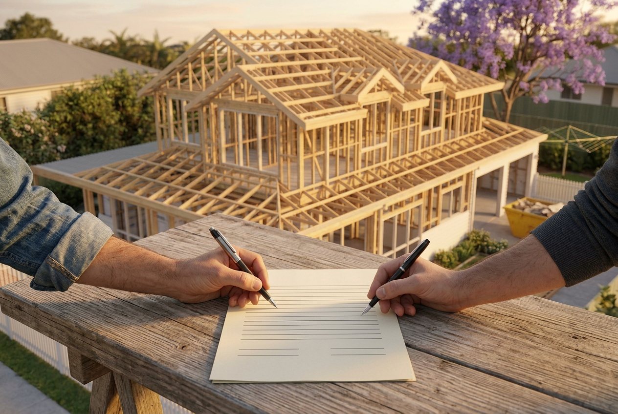 A builder's hand and an owner's hand each holding a pen over a single-page document on a site table, the frame behind