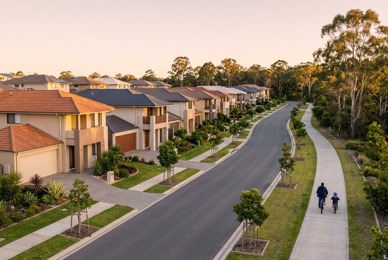 A wide new street of two-storey homes with bushland at the end, a parent and child on bikes