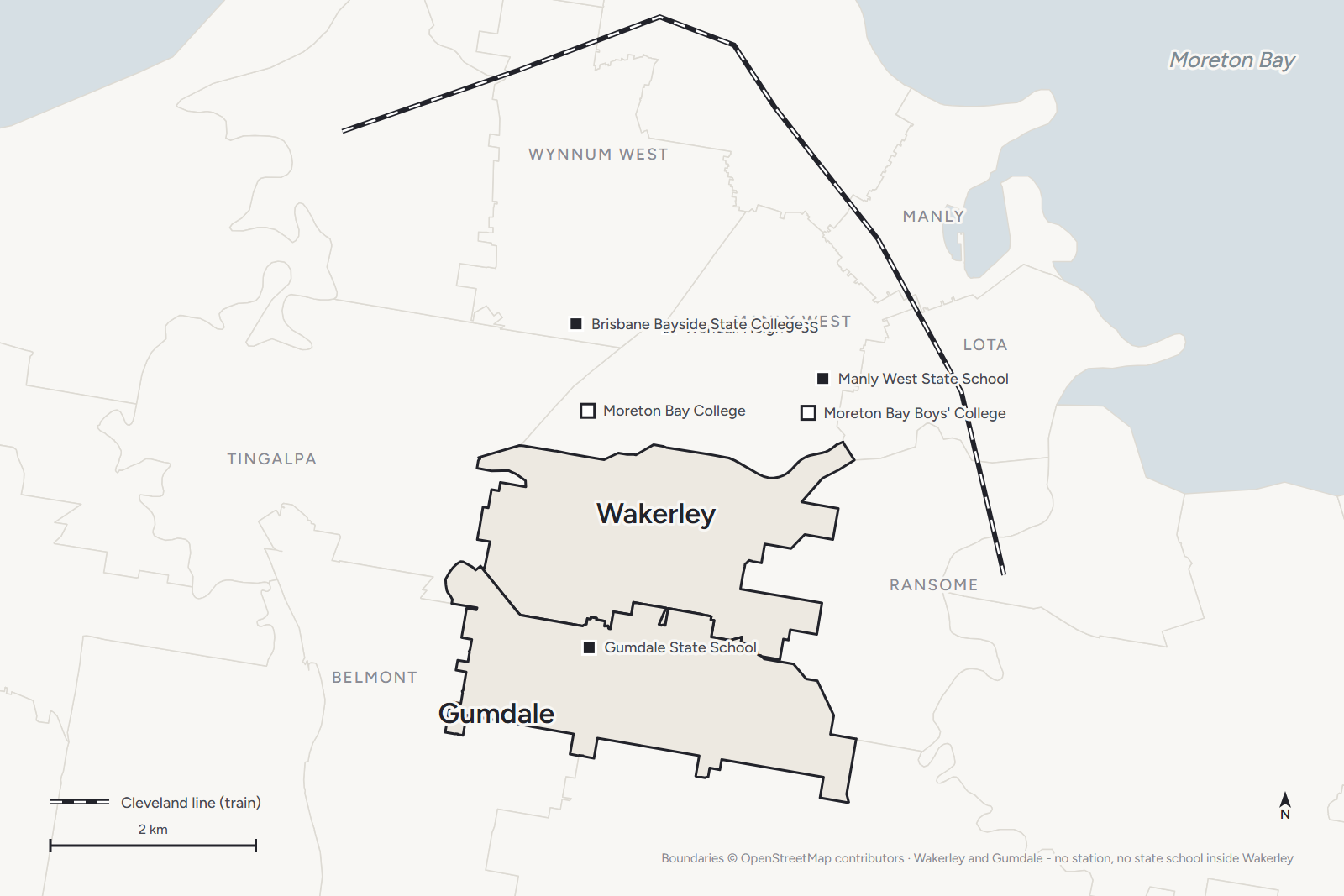 Map of Wakerley and Gumdale with the nearest schools; no station
