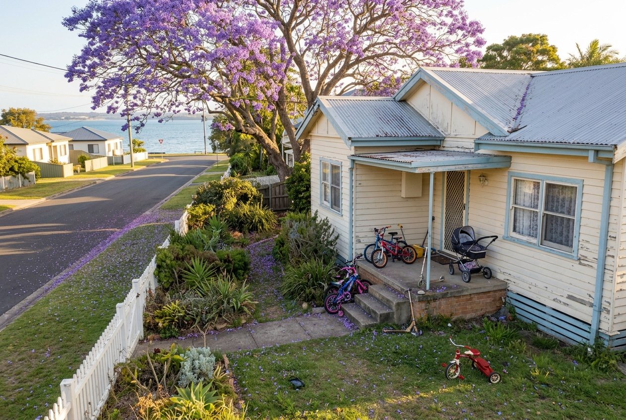 A family's bikes and a pram crowding the front steps of a small Bayside cottage, a jacaranda over the street
