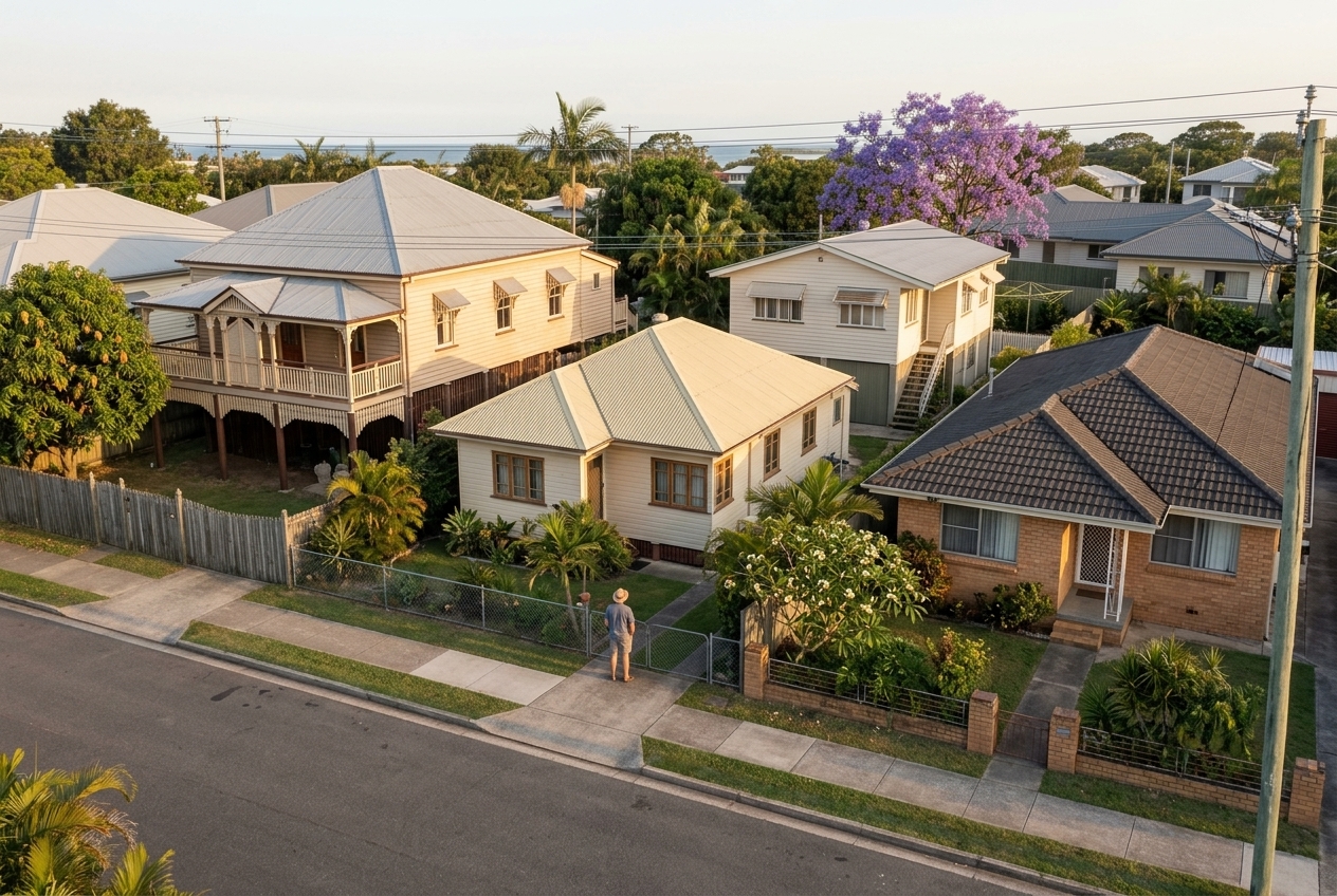 Four Bayside houses on one street: pre-war Queenslander, post-war cottage, 1960s highset, 1970s brick