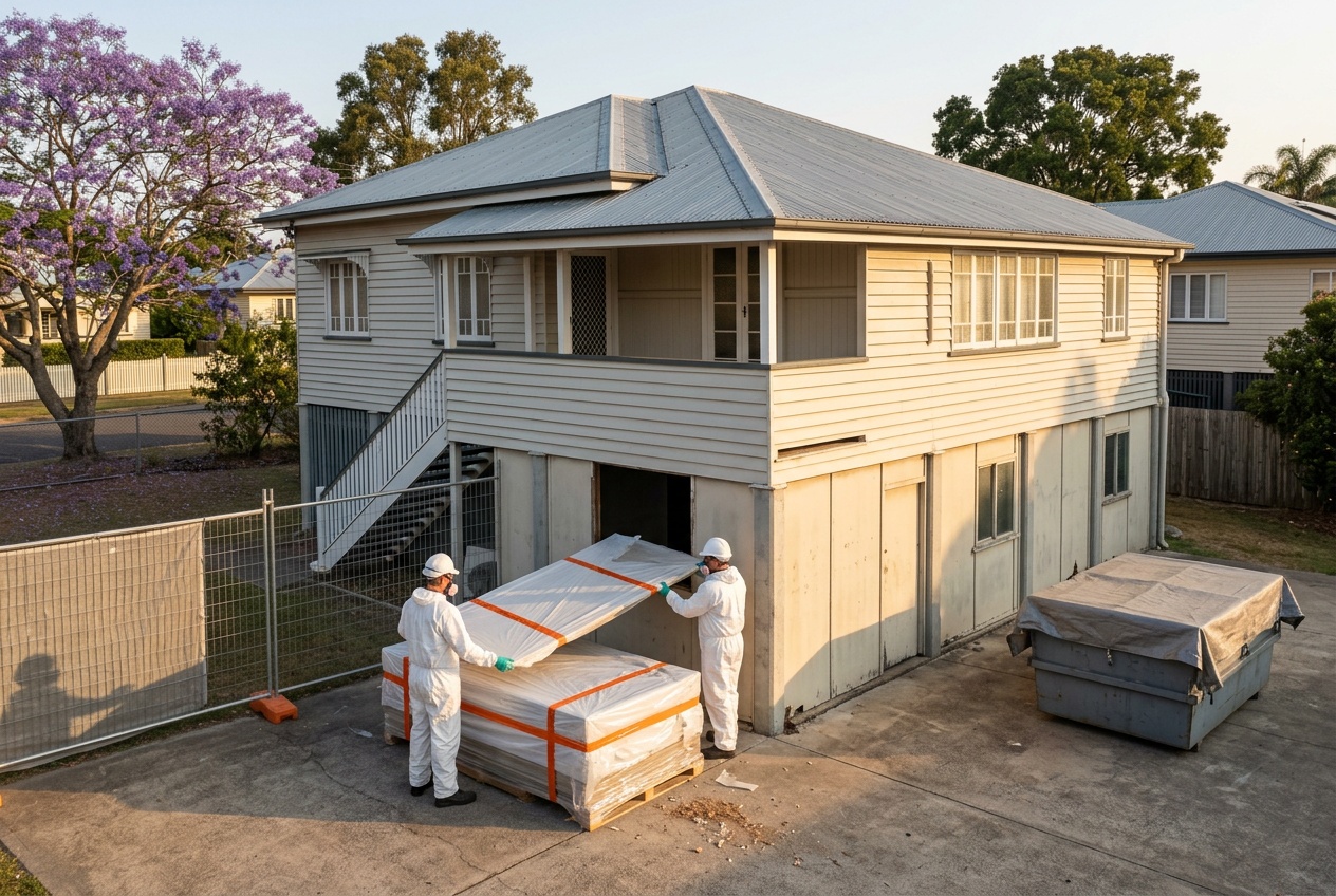 Two licensed removalists in coveralls lowering a wrapped fibro sheet from the built-in-under of a 1960s highset