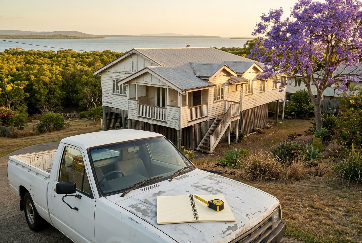 A builder's notebook on the bonnet of a ute in front of an old highset, the block and its slope behind