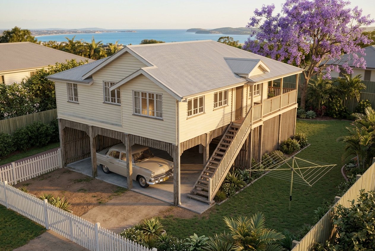 A classic highset Queensland house on tall stumps, the open space underneath, a car parked under it