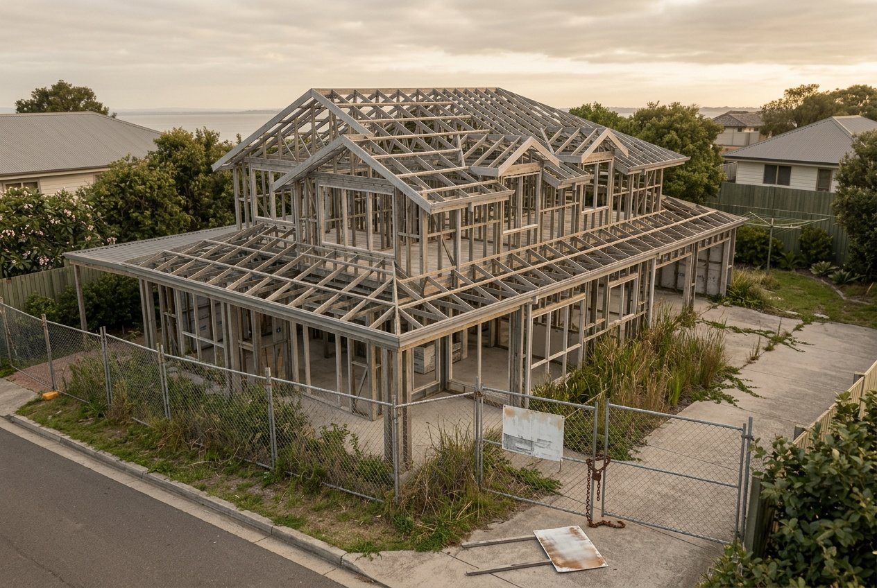 A house stopped at frame stage, the site fence padlocked, weeds coming up through the slab, a quiet Bayside street