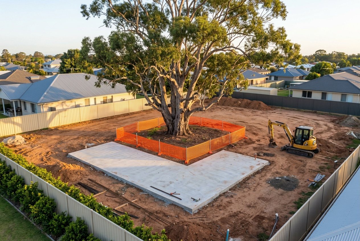A cleared Bayside block with one huge gum tree fenced off and kept, a new slab poured around it