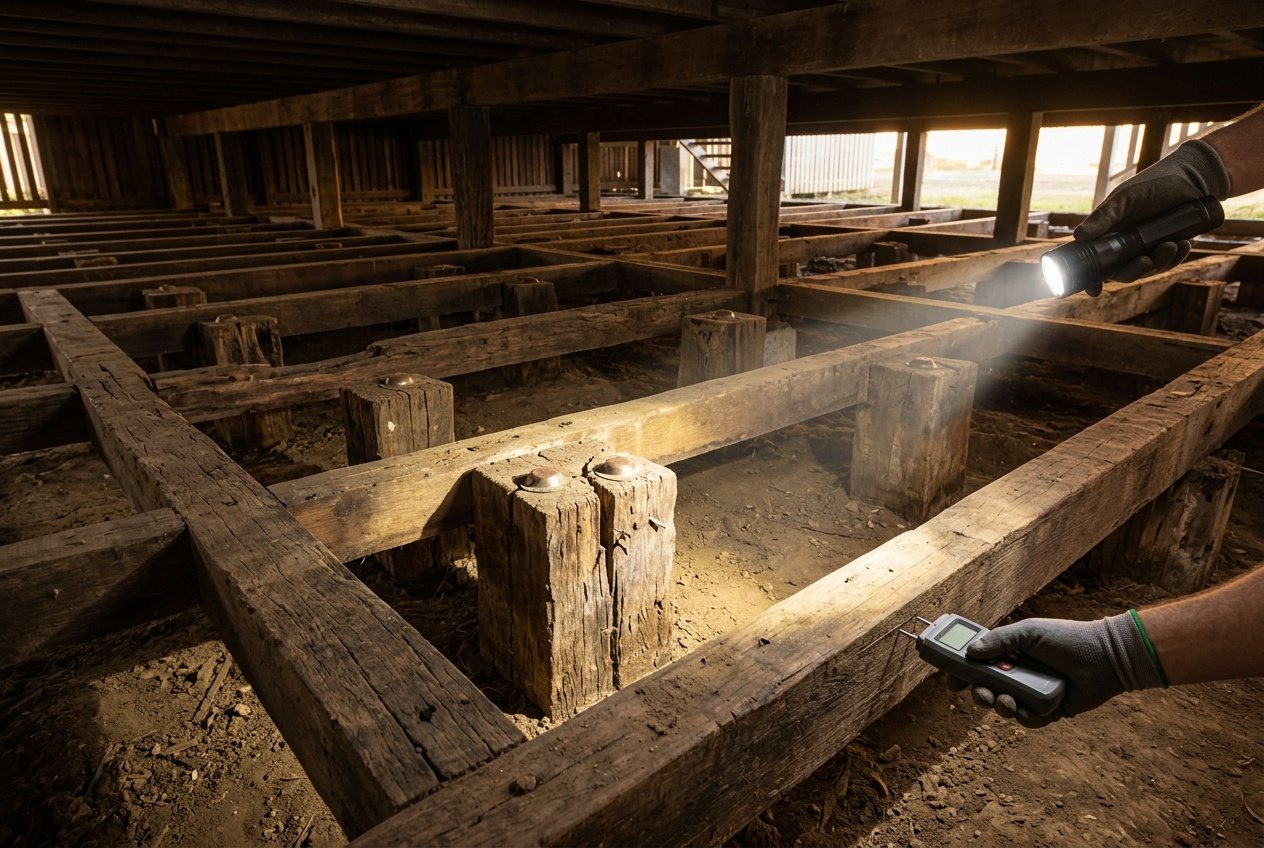 An inspector's torch beam under an old highset, lighting up the stumps and the bearers, a moisture meter in hand