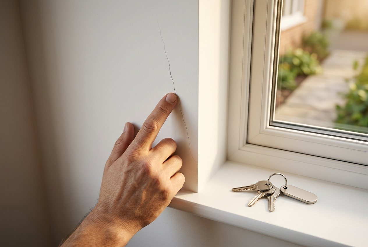 A hand running along a hairline crack in a new rendered wall beside a window, a set of keys on the sill