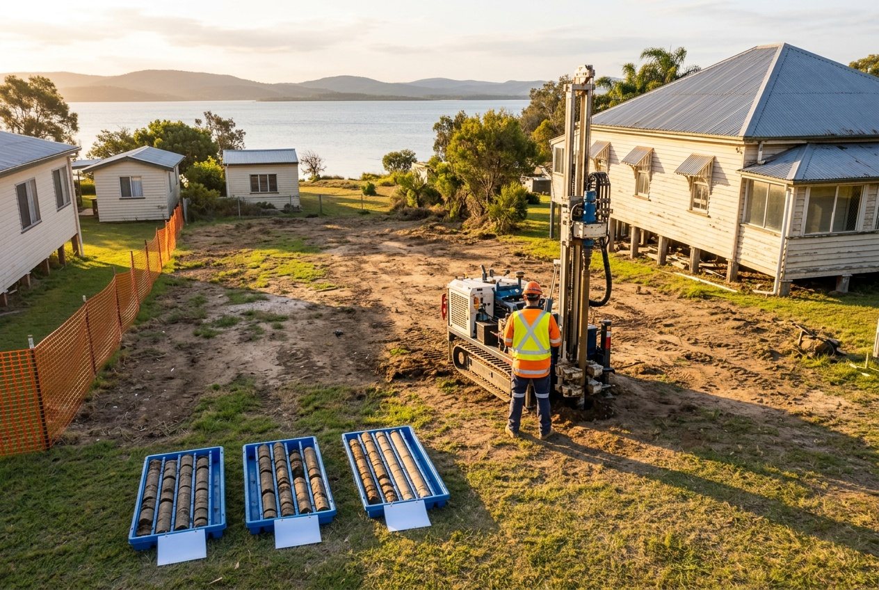 A small drilling rig taking a soil sample on a cleared Bayside block, a labelled core laid out on the grass