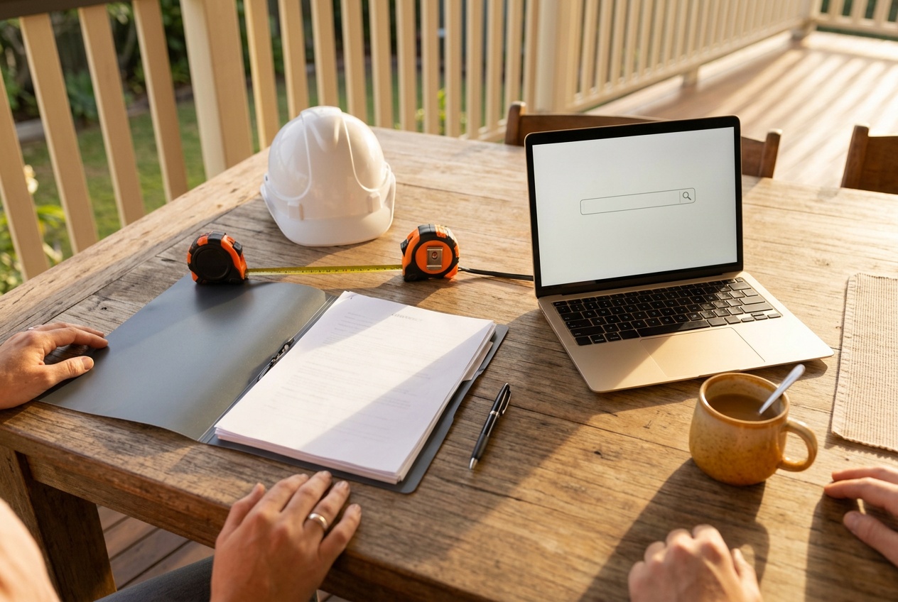 A verandah table with a building contract, a hard hat and a laptop open at a blank licence search
