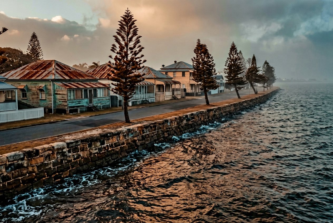 An esplanade street at dusk, the bay beyond the seawall, salt haze in the air, a row of old houses with weathered iron roofs