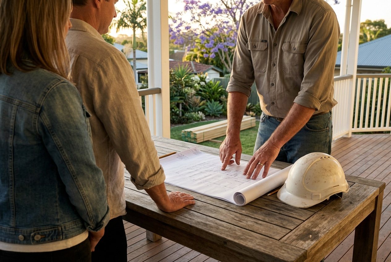 A couple across a verandah table from a builder, a printed list of questions between them, no faces