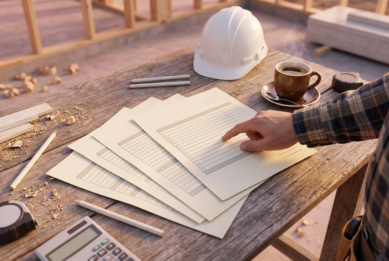 A multi-page quote laid out on a site table, a finger running down the lines, a coffee and a hard hat beside it