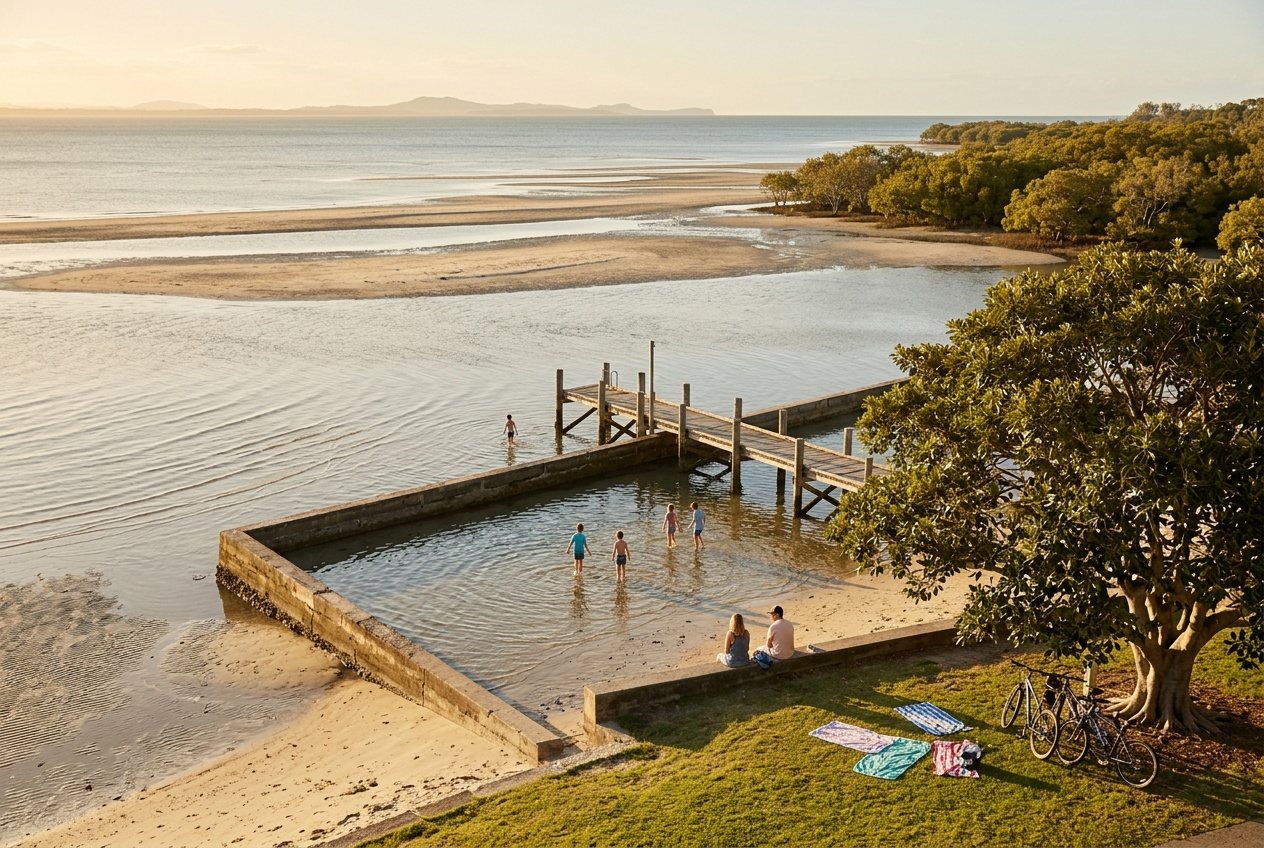 Kids paddling in the tidal wading pool beside the jetty, bikes and towels on the grass