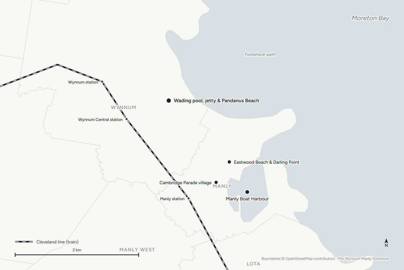 Map of the Wynnum-Manly foreshore: wading pool and jetty, Eastwood Beach, Cambridge Parade, the boat harbour and the stations