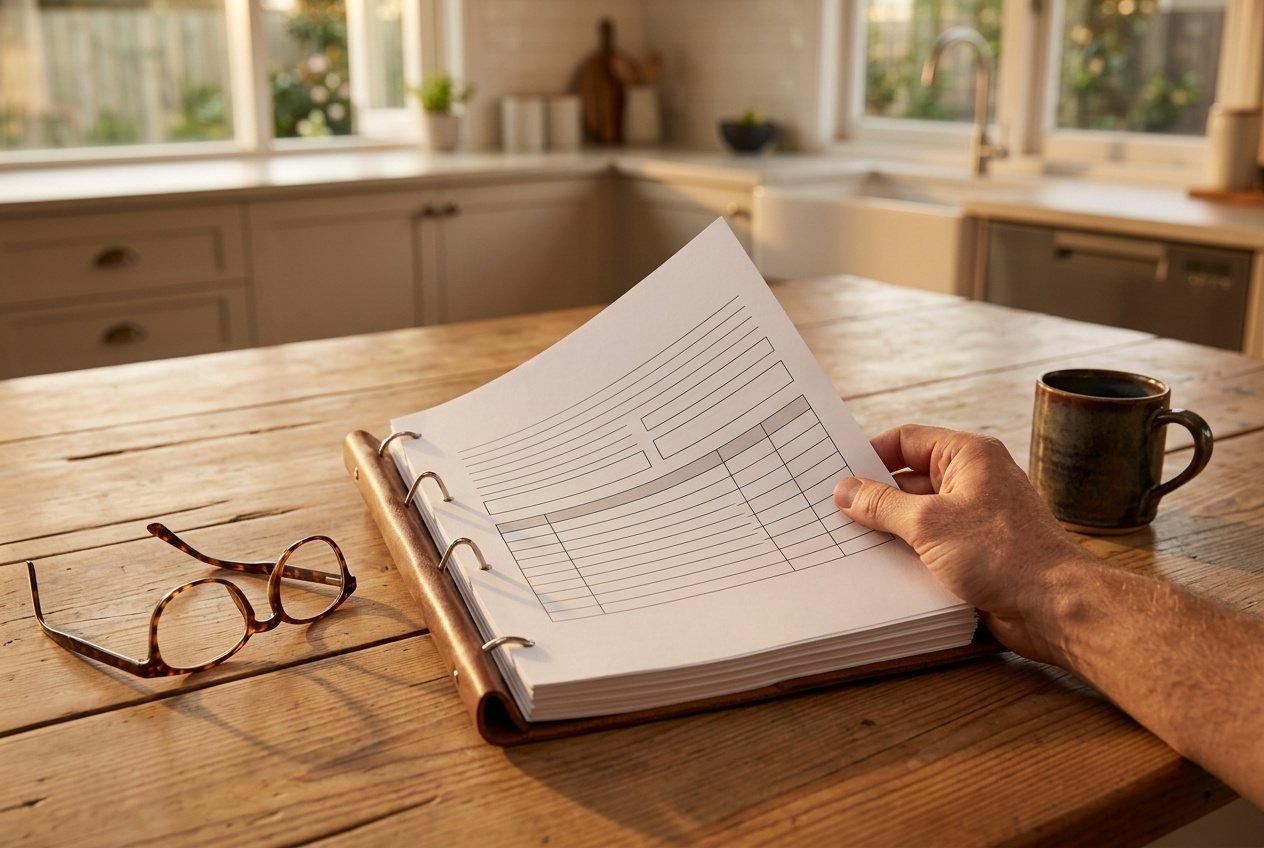A thick building contract open on a kitchen table, a hand flipping to the first page of the schedule, glasses beside it